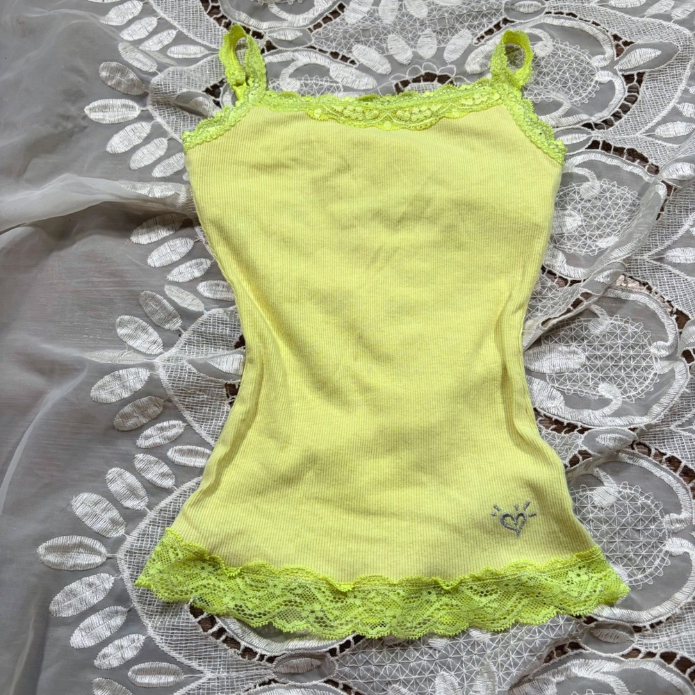 Y2K Neon Yellow Ribbed Lace Trim Cami Tank Top Silver Heart Logo 6/7